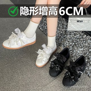 秋季新款大碼女鞋 綢緞複古單鞋 蕾絲小白鞋 2025厚底內增高3cm休閒運動芭蕾德訓女鞋, 322-19黑天鵝,35