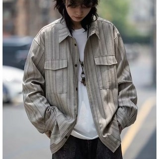 男女寬鬆休閒多口袋條紋長袖襯衫