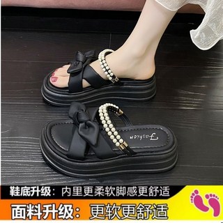 厚底涼鞋女 外穿 法式時尚 松糕羅馬鞋, 24.5 cm, 黑色防滑不脫膠