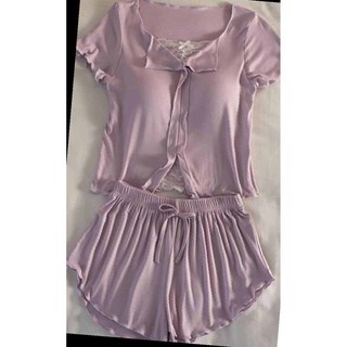 여성 여름 잠옷 세트 여성 여름 모달 소재 반팔 숏팬츠 레이스 홈웨어 세트 JXH