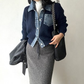 네모엔룩 배색청카라 여성용 데님배색 앞가슴 포켓장식 기본핏 캐주얼 레이어드 자켓형 카라넥 도톰 니트 가디건