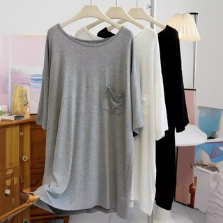 大圓領莫代爾睡裙女寬鬆大碼孕婦可外穿中長款家居服T恤裙