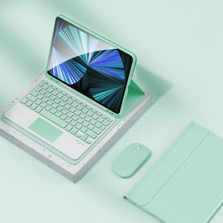 시하마 아이패드 케이스 한글 터치패드 블루투스 키보드+마우스 세트 애플펜슬 수납, 그린, 아이패드 7세대/8세대/9세대