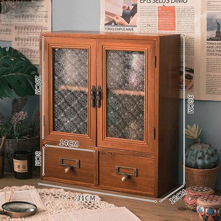 桌上收納櫃 梳妝檯置物架 辦公桌收納櫃 復古木質桌面收納整理盒, 雙開門兩格-海棠花玻璃, 1個