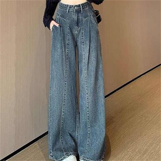 AOKADA 여성 와이드 플리츠 청바지 절개라인 봄 가을 하이웨스트 오버핏 데님 팬츠