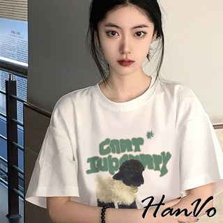 HanVo 黑色小羊圓領棉質T恤 - 吸濕排汗舒適透氣寬鬆上衣 韓系女裝