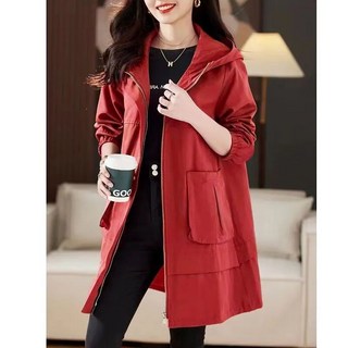 S-8XL 大尺碼連帽風衣外套女 中長款寬鬆顯瘦春秋大碼女裝