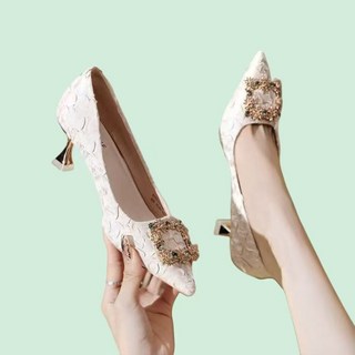 奢顏 尖頭水晶裝飾高跟鞋 宴會單鞋, 乳白色,37