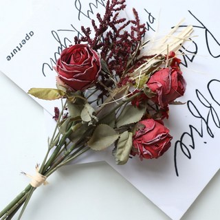 【台灣出貨】 復古玫瑰雛菊花束 復古烤邊玫瑰 乾燥花 仿真花 玫瑰花束 小雛菊 情人草 假花 捧花 婚紗拍攝道具, 1個, 【紅色】