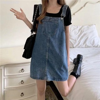 牛仔背帶裙女夏季新款大碼寬鬆顯瘦減齡吊帶連身短裙, 藍色,2XL
