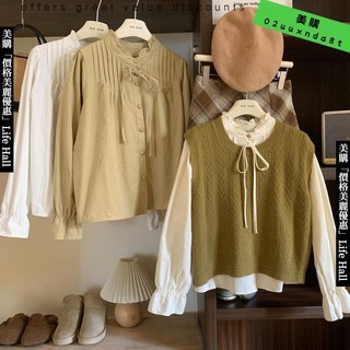 法式蕾絲木耳邊係帶立領長袖襯衫女 剪標女裝 襯衣疊穿上衣