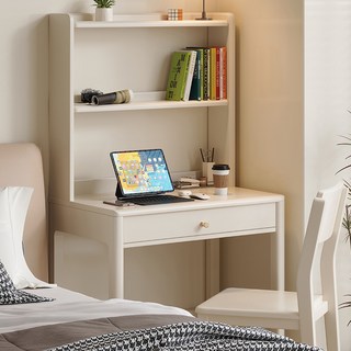 北歐實木書桌，長60/70/80公分，電腦桌，附書架, 白色單桌,60x50x147.5cm