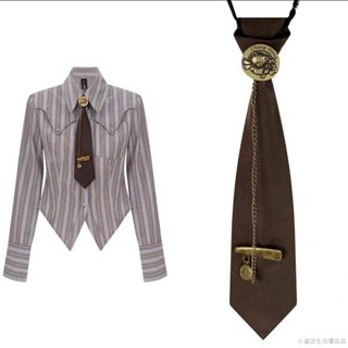 桃園出貨 復古高級咖啡色領帶古銅色金屬鏈條小熊圓頭別針裝飾百搭免打領帶