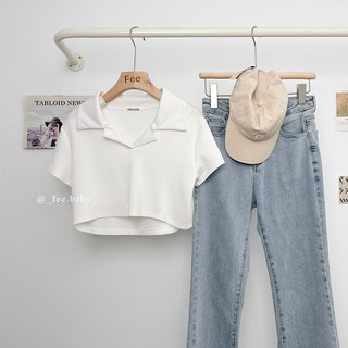 Fee太空棉短版翻領POLO上衣，多色可選，短袖T恤女，翻領設計，夏季時尚穿搭必備