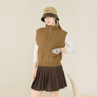 엠엠스포츠 여성 가을 겨울 꽈배기 하이넥 반집업 베스트 골프조끼