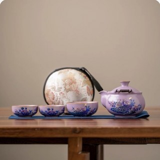 紫汝窯 鎏銀牡丹 手抓壺 旅行茶具套裝 一壺三杯, 紫汝一壺三杯（孔雀）快客杯,200毫升, 1個