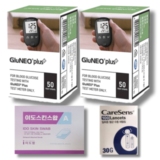 글루네오 플러스 시험지 100매+채혈침 100개 또는 알콜솜100매 혈당 검사지 측정지 체크지 GluNeo 오상헬스케어, 시험지100매+솜100매, 1개