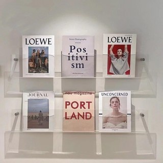 亞克力牆上壁掛置物架 透明書架 PC繪本雜誌架 裝飾展示架 書報架 ins風格, 打孔,60cm*15cm*5cm不含書籍, 1個