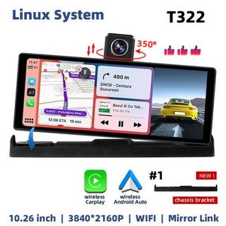 듀얼 렌즈 대시 캠 트럭 카메라 드라이브 녹음기 10.26 인치 4K 카플레이 안드로이드 자동 GPS 5G 와이파이 FM BT 자동차 DVR 350 ° 회전, With 64G TF Card, With 64G TF Card