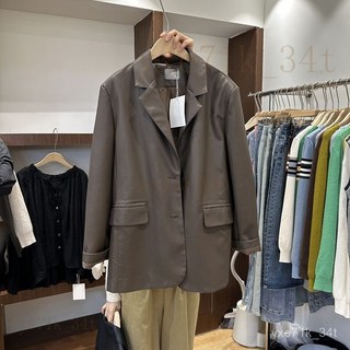 【臺灣出貨】 2024春秋新款韓版寬鬆帥氣百搭翻領中長款pu皮西裝外套 皮外套 機車皮外套 夾克外套 皮衣女 皮外套女生