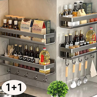Izeriel 1+1 무타공 탈부착 주방 싱크대 양념통 조미료 수납 선반 언더 벽 벽선반 접착식 욕실 선반 세트 다용도 수납 거치대 물빠짐 벽선반, 2개, 그레이