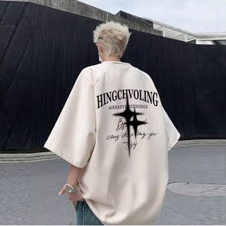 重磅麂皮絨短袖T恤 男式字母印花美式復古風寬鬆加大碼Oversize上衣