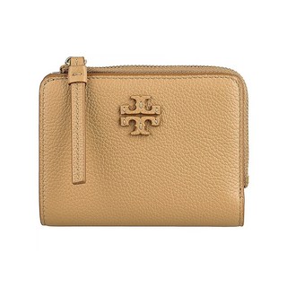 TORY BURCH Mcgraw 立體T字LOGO粒面小牛皮搭織布襯裡6卡壓釦式拉鍊零錢短夾