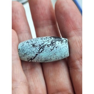 天然湖北原礦綠松石桶珠，湖水藍綠網花，超大尺寸27*14mm，園藝裝飾造景, 1個