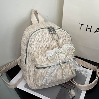 民族風雙肩包女士新款少數民族雙層拉鏈休閒個性背包草編雙肩包, 白色（麥穗紋）