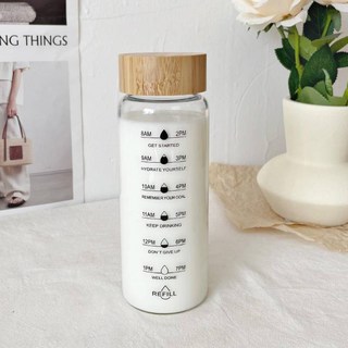 時間刻度玻璃水瓶 ins風竹蓋耐熱密封隨行杯, 1個