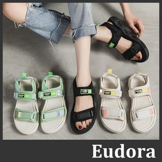 Eudora 一字涼鞋 運動涼鞋 平底涼鞋 厚底涼鞋 魔鬼氈涼鞋 防水沙灘鞋, 綠,M【37-38】