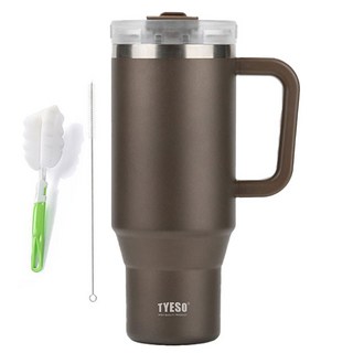 대용량 손잡이 텀블러 스텐 빨대 퀜처 대용량 텀블러 보온 보냉 차량용 운동 기념품, 1개, 900ml, 브라운