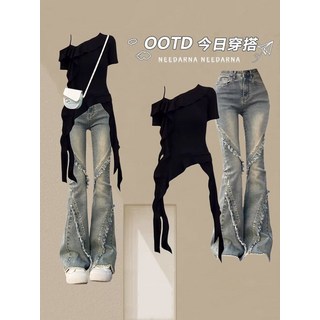 辣妹露肩荷葉邊短袖T恤套裝 時尚牛仔褲兩件套 夏季性感露肩上衣