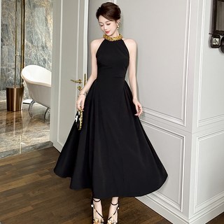 【法式顯瘦】掛脖連衣裙 黑色連衣裙 禮服裙 長款連衣裙 無袖連衣裙 收腰設計 高腰顯瘦 夏季新款 晚宴派對 氣質女神, 黑色