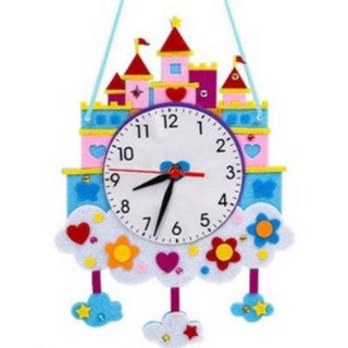 不織布DIY卡通掛鐘︱兒童diy 手工製作 鐘錶玩具材料 幼兒園 認識時間教具 材料包 時鐘︱麥手作, A城堡(淺藍), 1個