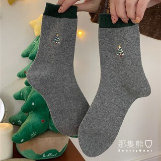ScottyBear 那隻熊 聖誕節 保暖 羊毛襪 聖誕樹 聖誕老人 麋鹿 薑餅人 交換禮物 襪子 女襪 ZG223, 灰色|聖誕樹, 1個
