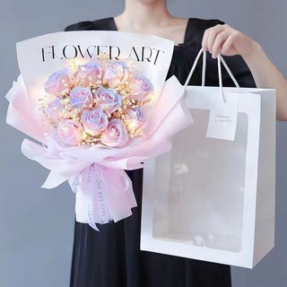 玖月 旂艦店 畢業花束 碎冰藍玫瑰永生花乾燥花束 畢業禮物/生日禮物/聖誕節禮物, 13朵碎冰粉玫瑰+禮袋燈（新款）