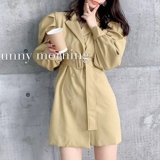 雪莉小姐 韓國東大門款 泡泡腰帶縮腰顯瘦風衣外套 短洋裝