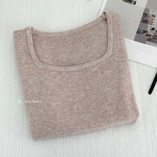 Fee現貨5色方領針織短袖上衣，韓系溫柔風針織衫，多色可選，展現鎖骨線條