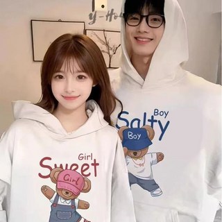 Yhouse情侶裝小熊圖案連帽衛衣 - 秋冬加絨加厚寬鬆情侶裝