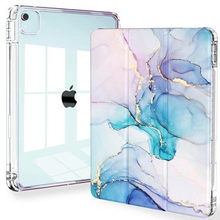 Feams 아이패드 에어 13인치 케이스 M3 2025/M2 2024 슬림 프로 12.9인치 6세대/5세대/4세대 2022/2021/2020용 투명 뒷면 커버 자동 슬립 및, 수채화 대리석