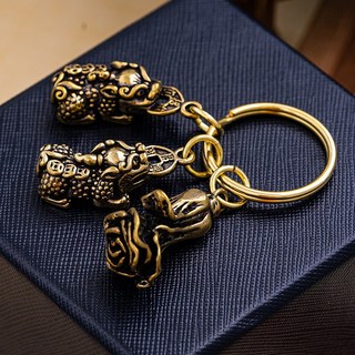 純黃銅貔貅一對 臺灣出貨 公母款 鎮宅招財 汽車鑰匙扣/掛件 轉運守財, 1個, 【黃銅】一對貔貅+白菜(百財)