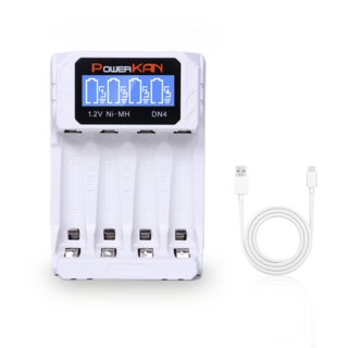 POWERKAN Ni-MH 니켈수소 건전지전용충전기 4구 1.2V 니켈수소전용 DN4 (화이트) 건전지 AA AAA 과충전방지 LCD표시, 1개