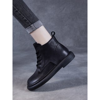 真皮軟底馬丁靴女 英倫風秋冬平底防滑小短靴