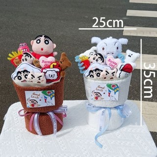 公仔花束 卡通花束 可愛蠟筆小新小白玩偶毛絨公仔花束生日禮物送女生男生教師節 永生花束 禮物交換, 白色蠟筆小新+燈+禮袋