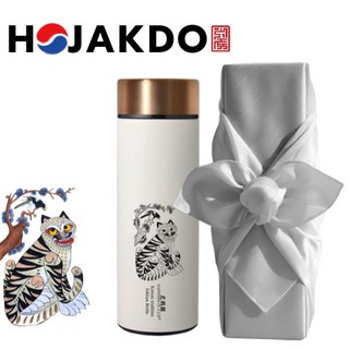 한국전통 민화 까치와 호랑이 호작도 작호도 복을 부르는 텀블러 데일리 440ml 보자기 선물포장, 1개, 크림화이트