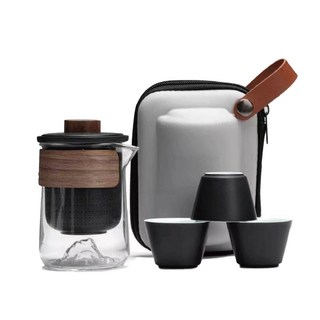 玻璃茶壺組 便攜旅行茶具 附茶杯與收納包, 雅黑色, 1套, 一壺三杯