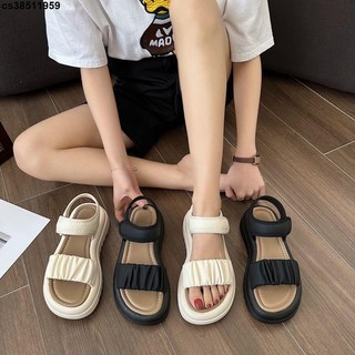 2024夏季一字式扣帶厚底涼鞋，網紅推薦，顯高舒適沙灘鞋, 黑色,40