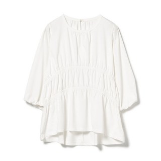 BEAMS女裝-熱門款白色綿質抽褶短袖上衣，正品全新特價，舒適百搭