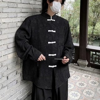 復古風黑色立領盤扣男士長袖暗紋提花寬鬆中式襯衫外套